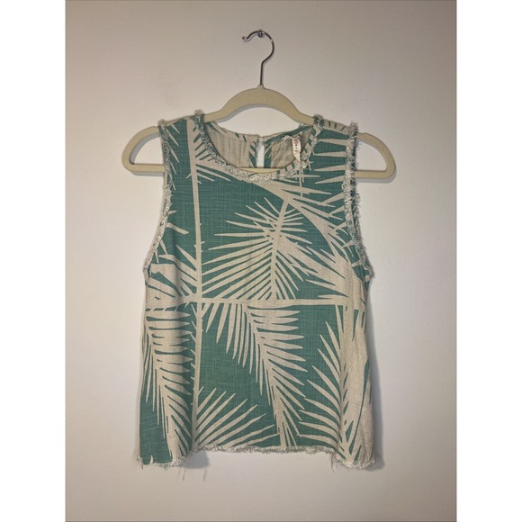 Mo:Vint New York‎ Palm Leaf Print Linen Ruffled Raw Edge, Sleeveless Top, Size S - Picture 1 of 7